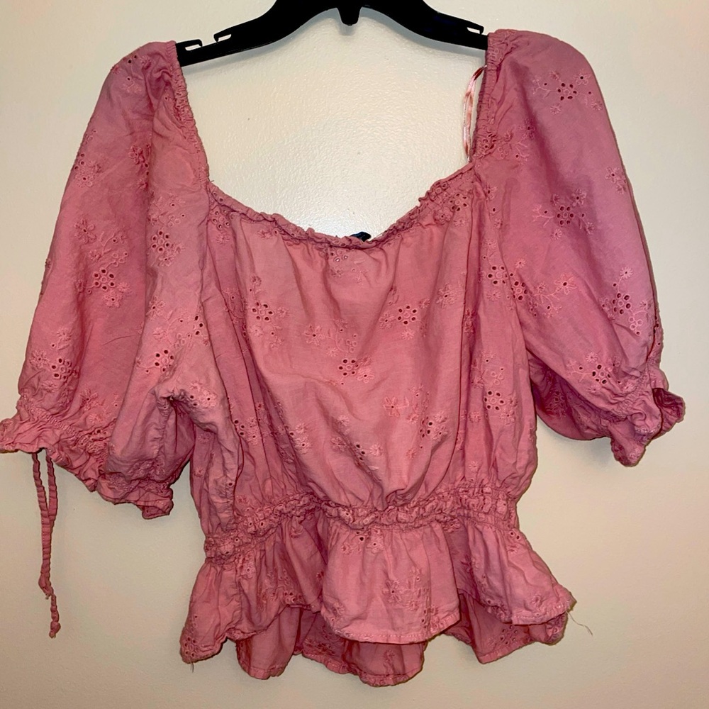 Babydoll coquette eyelet puff sleeve ruffle elastic blouse feminine size m